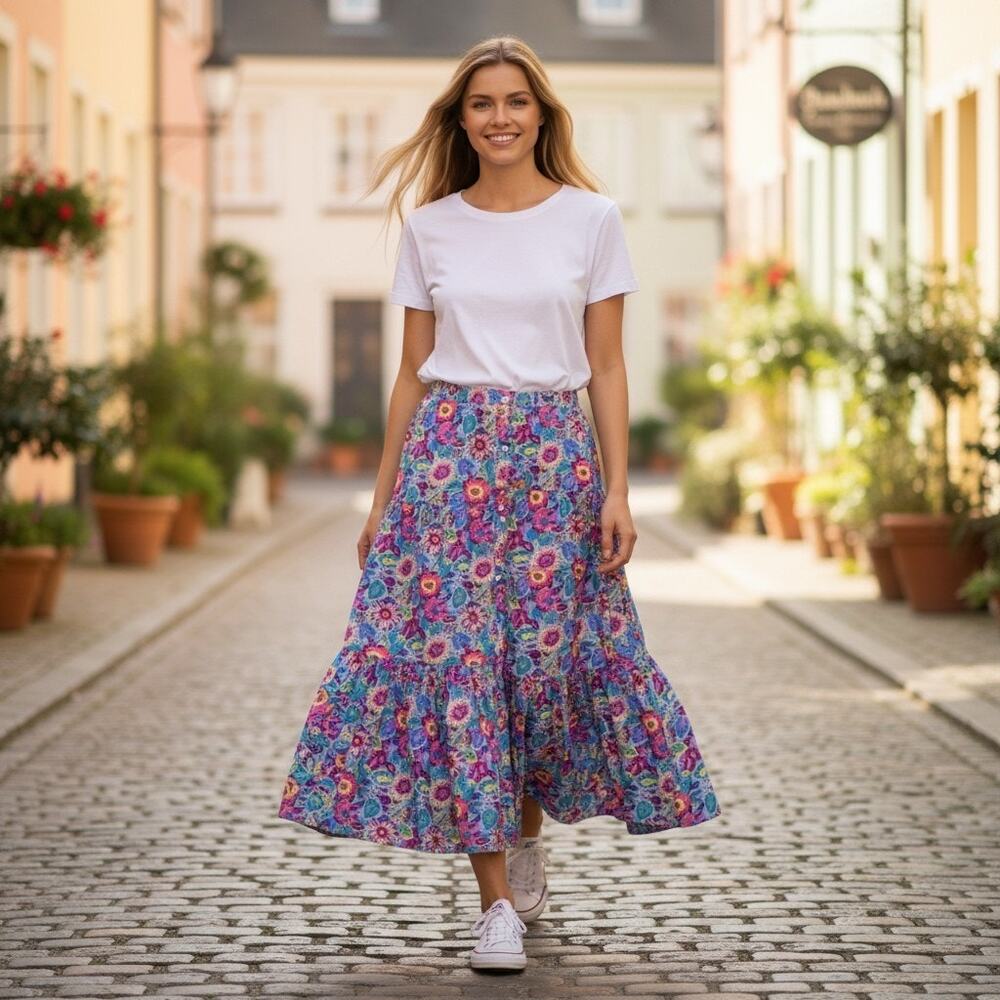 MELLODAY  FLORAL TIERED MAXI SKIRT, SIZE L, NWT